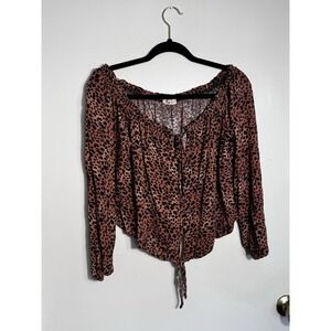 Rewind Women's Small Leopard Print Off Shoulder Rayon Long Sleeve Tie Front Top